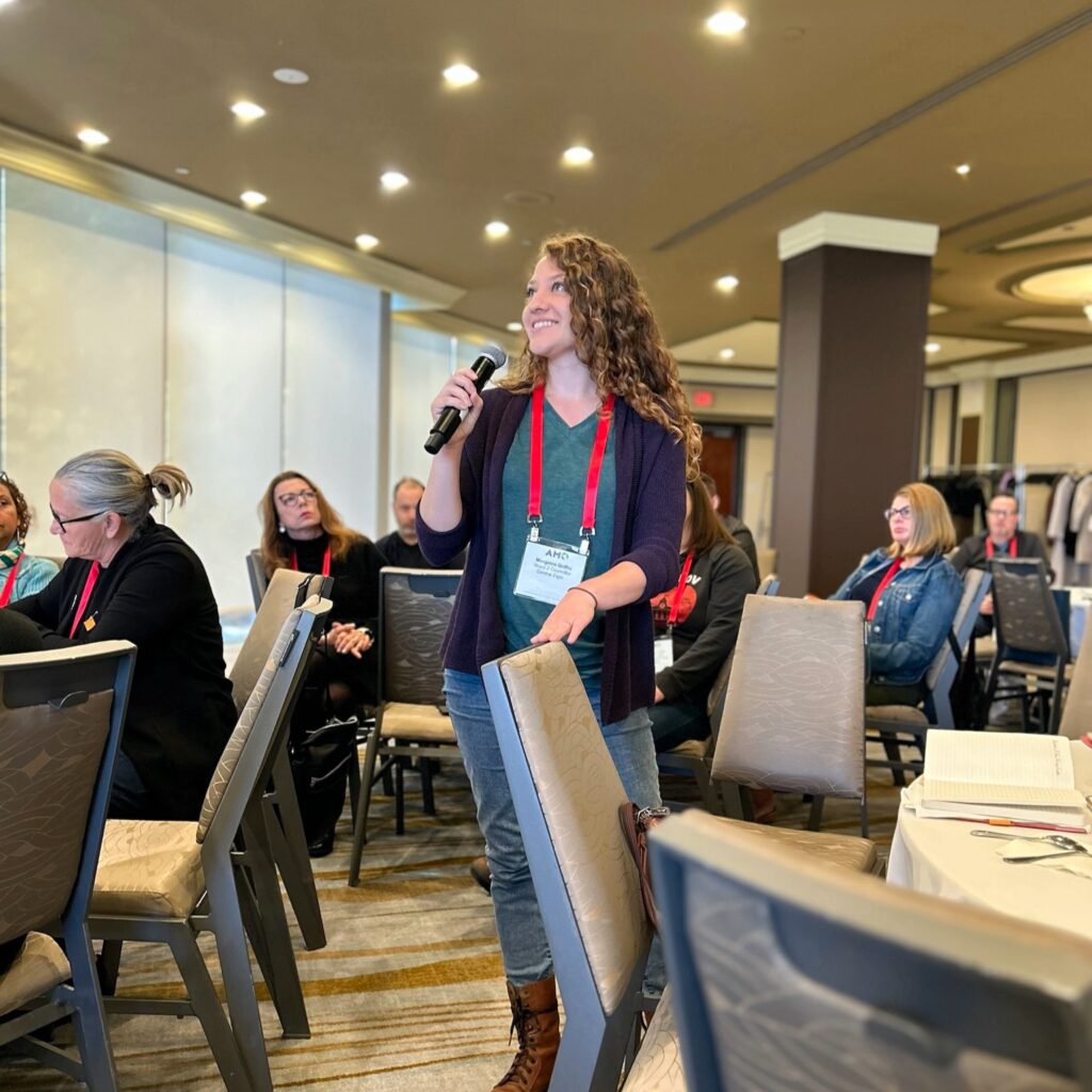 Morgaine Griffin speaks at the AMO Healthy Democracy Project conference in Toronto, 2024.