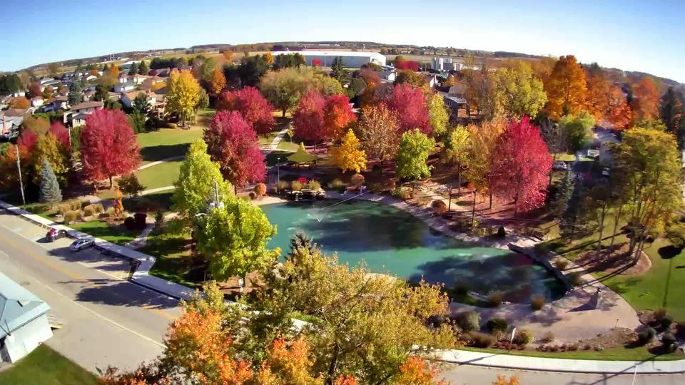 An aerial view of the park and pond in Belmont.